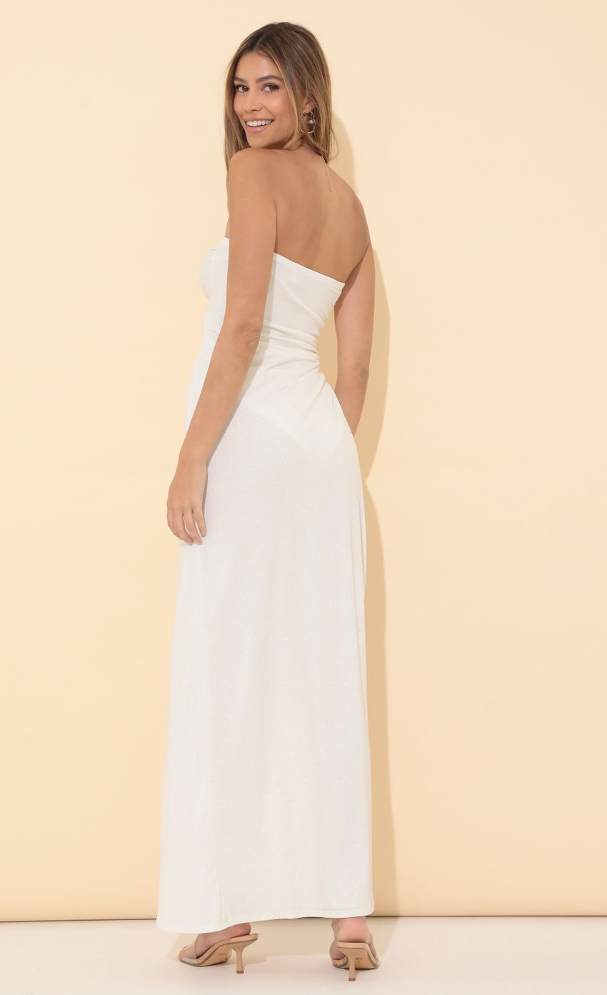 Picture Strapless Maxi Dress in Shimmer White. Source: https://media-img.lucyinthesky.com/data/Mar22_1/850xAUTO/1V9A1676.JPG