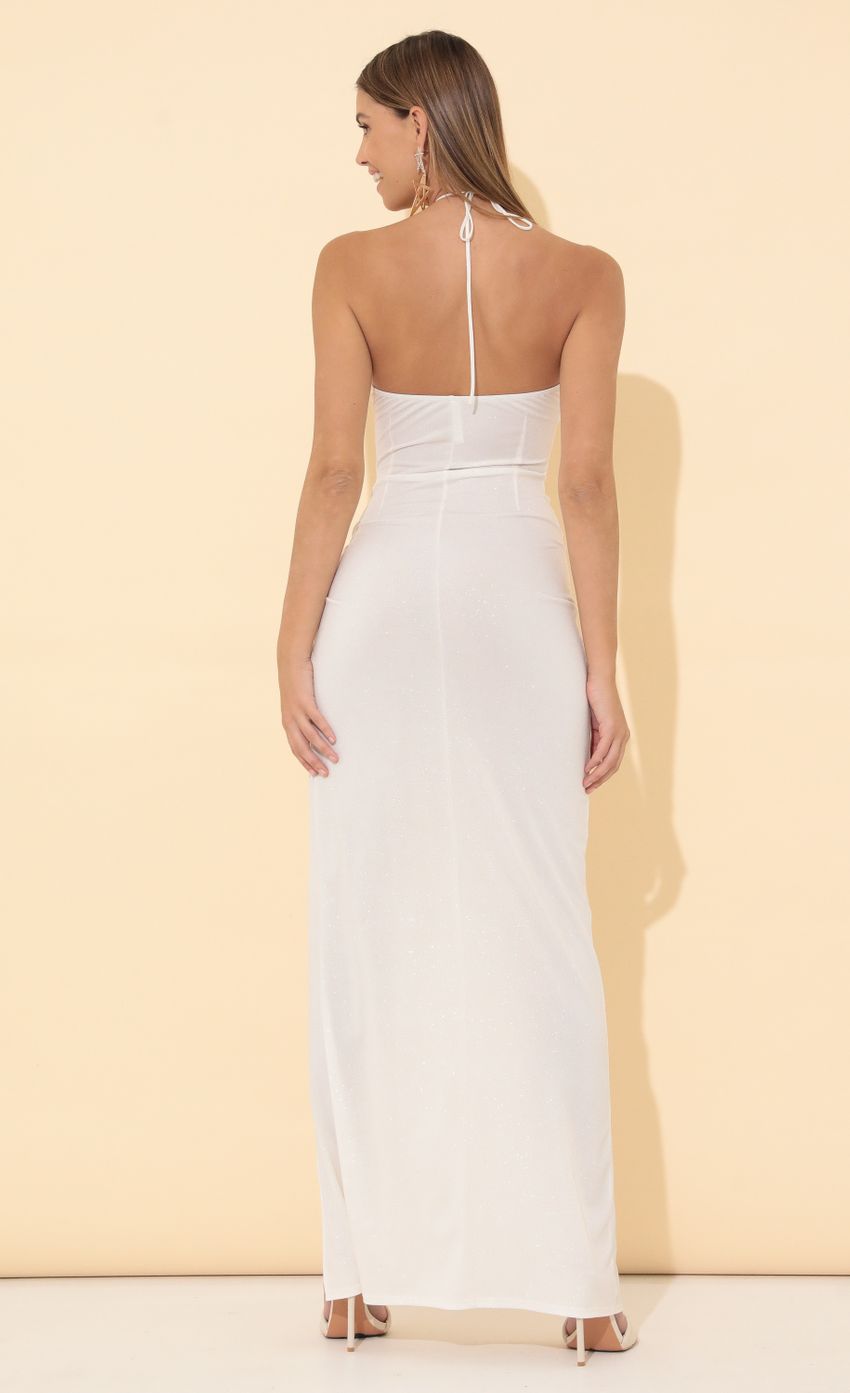 Picture Cutout Maxi Dress in White Shimmer. Source: https://media-img.lucyinthesky.com/data/Mar22_1/850xAUTO/1V9A4265.JPG