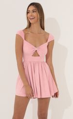 Picture Flare Dress in Pink Suede. Source: https://media-img.lucyinthesky.com/data/Mar22_2/150xAUTO/1V9A6135.JPG