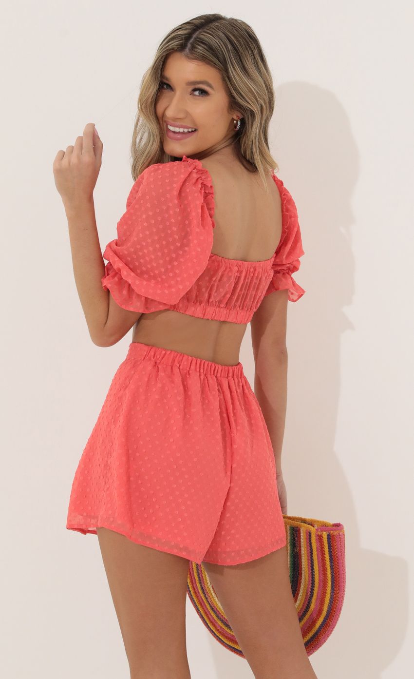 Picture Spotted Chiffon Two Piece Set in Orange. Source: https://media-img.lucyinthesky.com/data/Mar22_2/850xAUTO/1V9A0903.JPG