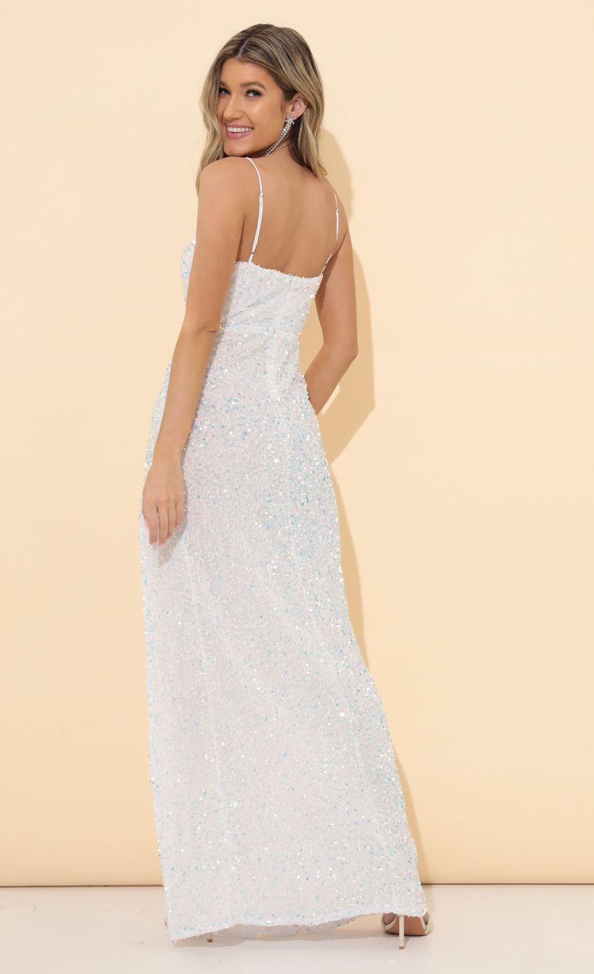 Picture Velvet Sequin Maxi Dress in White Iridescent. Source: https://media-img.lucyinthesky.com/data/Mar22_2/850xAUTO/1V9A2601.JPG