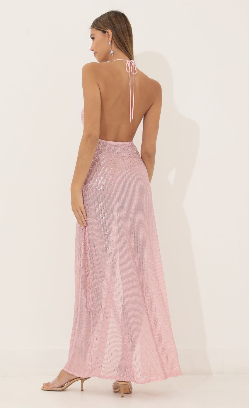 Picture Cowl Neck Maxi Dress in Pink Sequin. Source: https://media-img.lucyinthesky.com/data/Mar22_2/850xAUTO/1V9A3367.JPG
