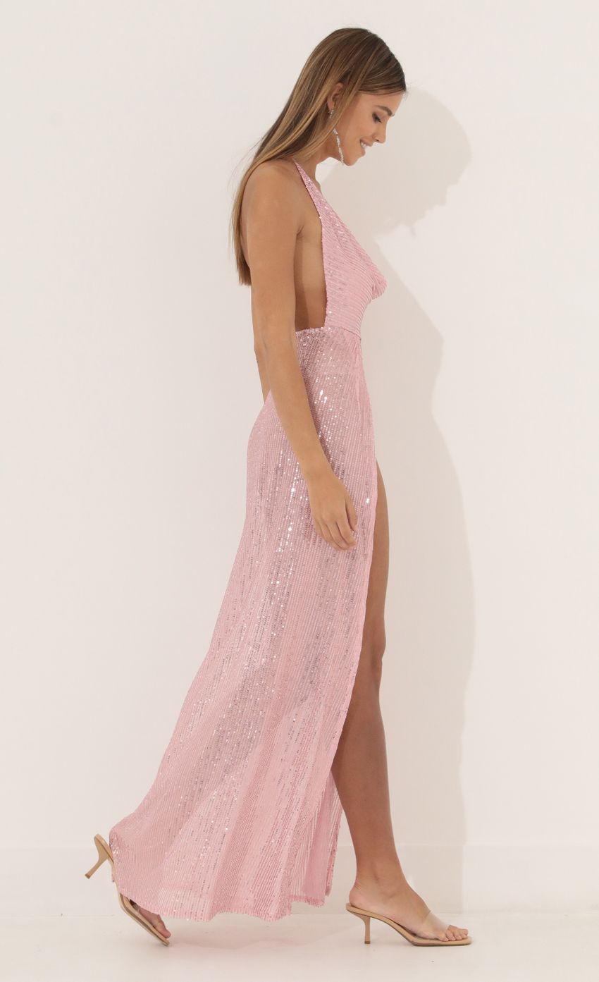 Picture Cowl Neck Maxi Dress in Pink Sequin. Source: https://media-img.lucyinthesky.com/data/Mar22_2/850xAUTO/1V9A3455.JPG