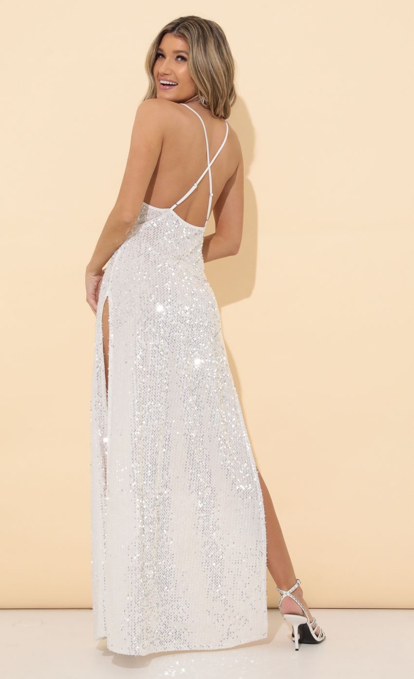 Picture Velvet Sequin Maxi Dress in White. Source: https://media-img.lucyinthesky.com/data/Mar22_2/850xAUTO/1V9A5677.JPG