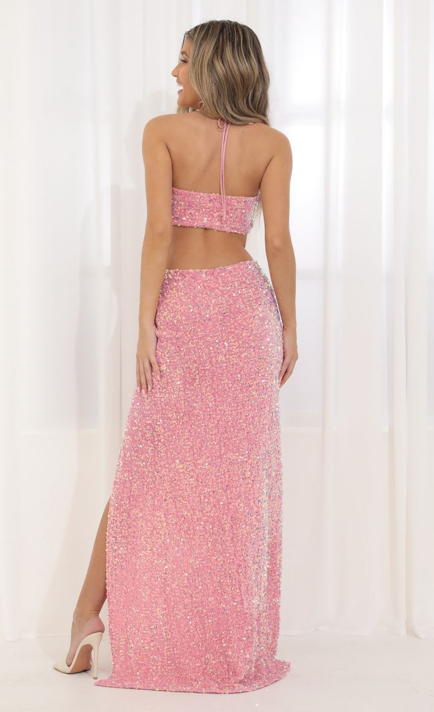 Picture Halter Sequin Maxi Dress in Pink. Source: https://media-img.lucyinthesky.com/data/Mar22_2/850xAUTO/1V9A6481.JPG