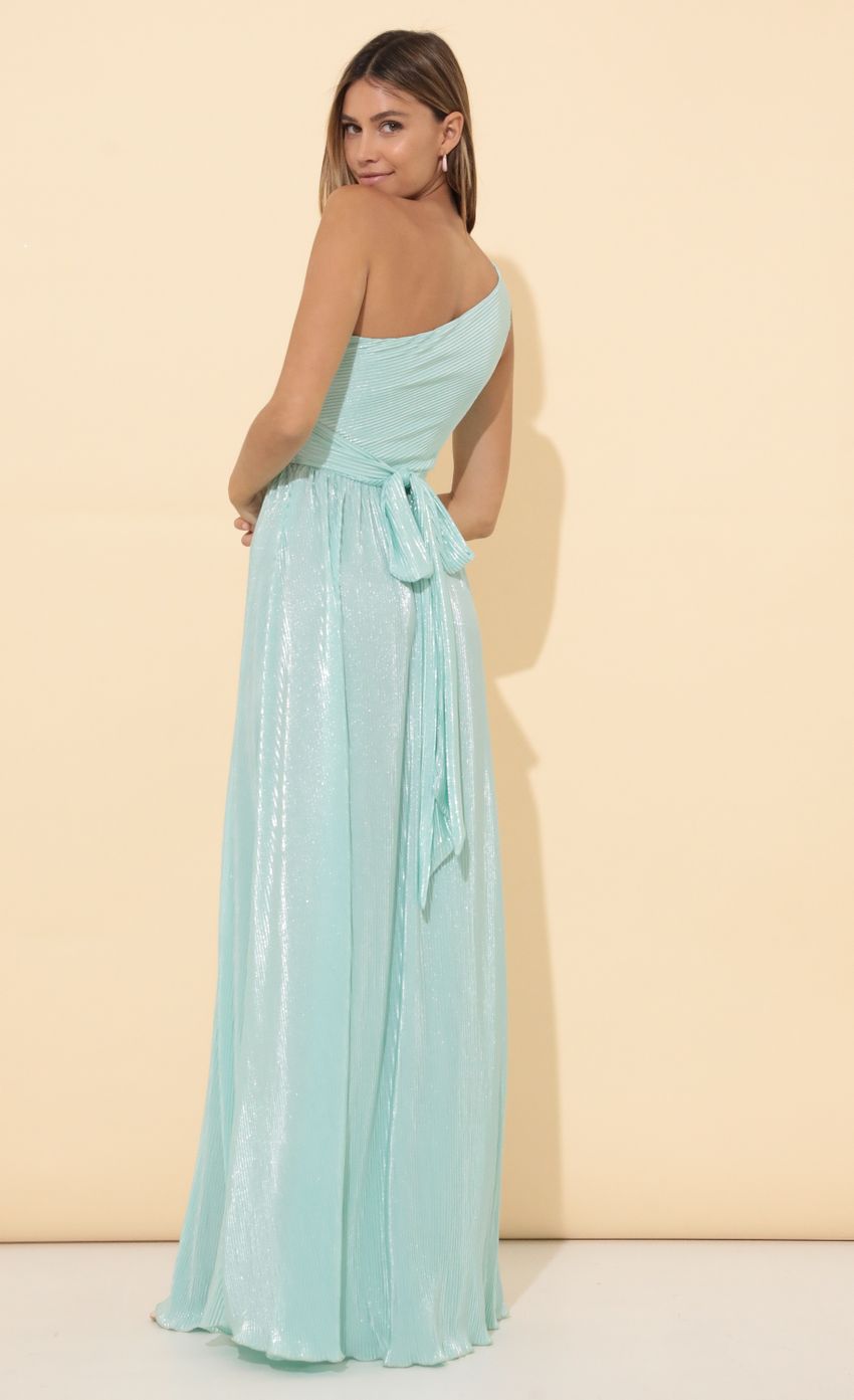 Picture One Shoulder Pleated Dress in Turquoise. Source: https://media-img.lucyinthesky.com/data/Mar22_2/850xAUTO/1V9A7977.JPG