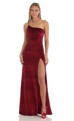 Picture Velvet One Shoulder Maxi Dress in Red. Source: https://media-img.lucyinthesky.com/data/Mar23/150xAUTO/34e9869d-e4a0-4183-9b37-de31a67be44f.jpg