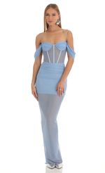 Picture Mesh Corset Maxi Dress in Blue. Source: https://media-img.lucyinthesky.com/data/Mar23/150xAUTO/6fada69f-1008-4c4f-9445-748c8d75d476.jpg