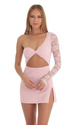 Picture Lace One Shoulder Dress in Pink. Source: https://media-img.lucyinthesky.com/data/Mar23/150xAUTO/9e25a200-3ed9-4924-9744-294bc9b2188f.jpg
