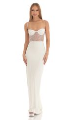 Picture Shimmer Maxi Dress in White. Source: https://media-img.lucyinthesky.com/data/Mar23/150xAUTO/c05e78cd-dcba-42c2-863e-bdde9346bcdb.jpg