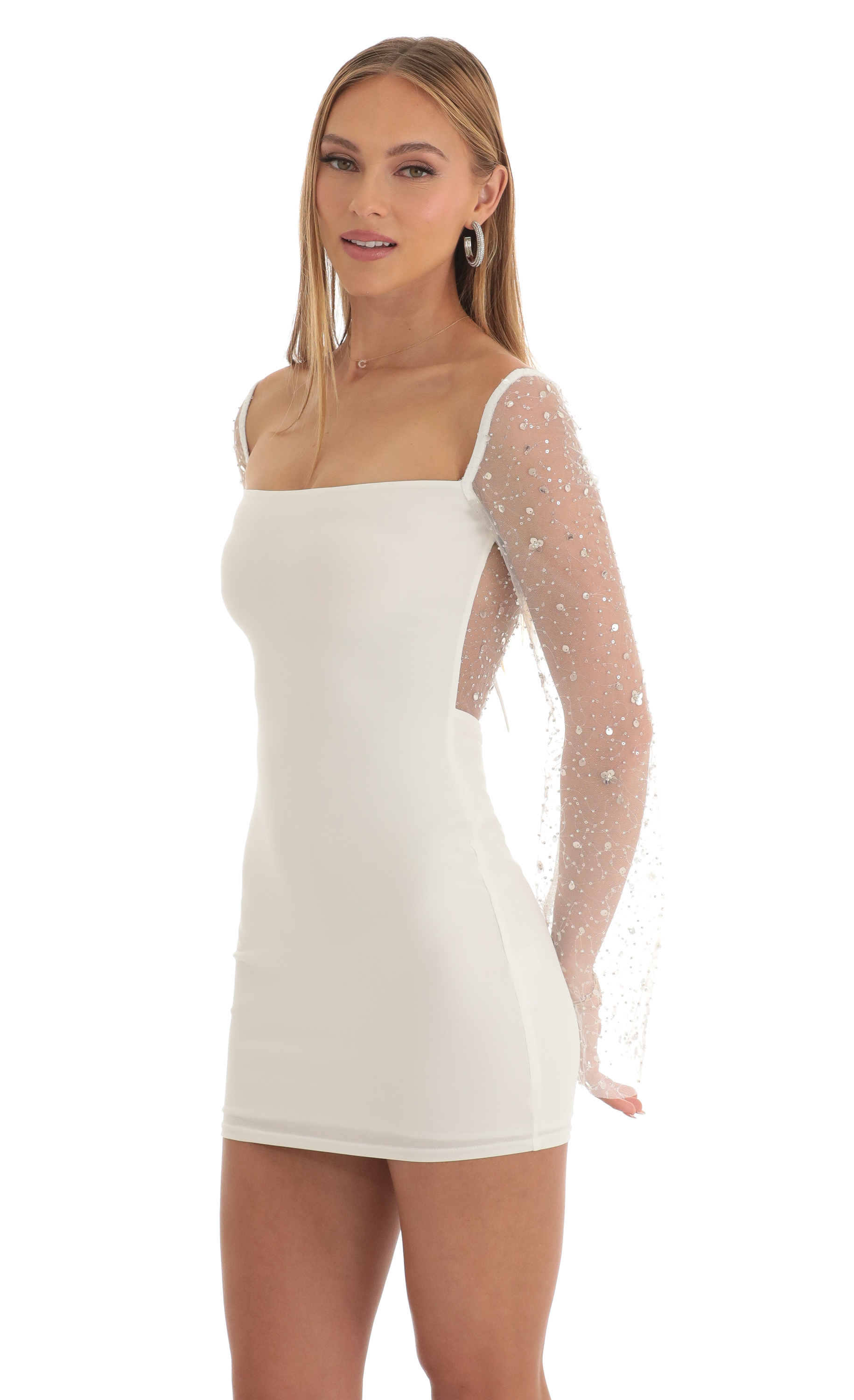 Sequin Long Sleeve Dress in White