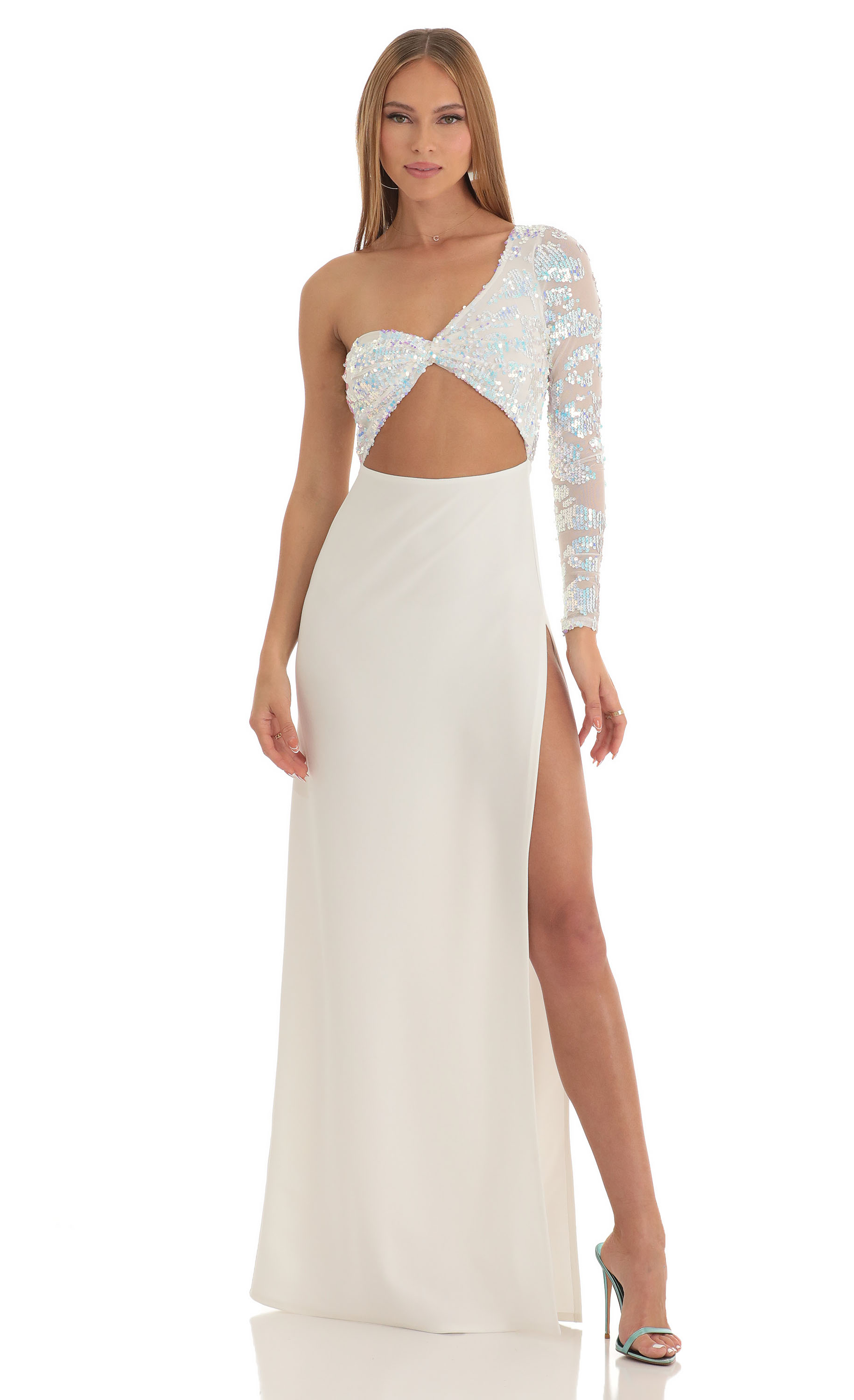 Iridescent Sequin One Shoulder Maxi Dress in White