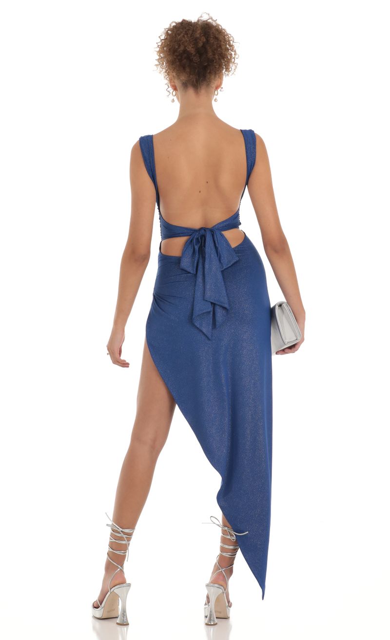 Chicago Shimmer Ruched Side Slit Maxi Dress in Blue