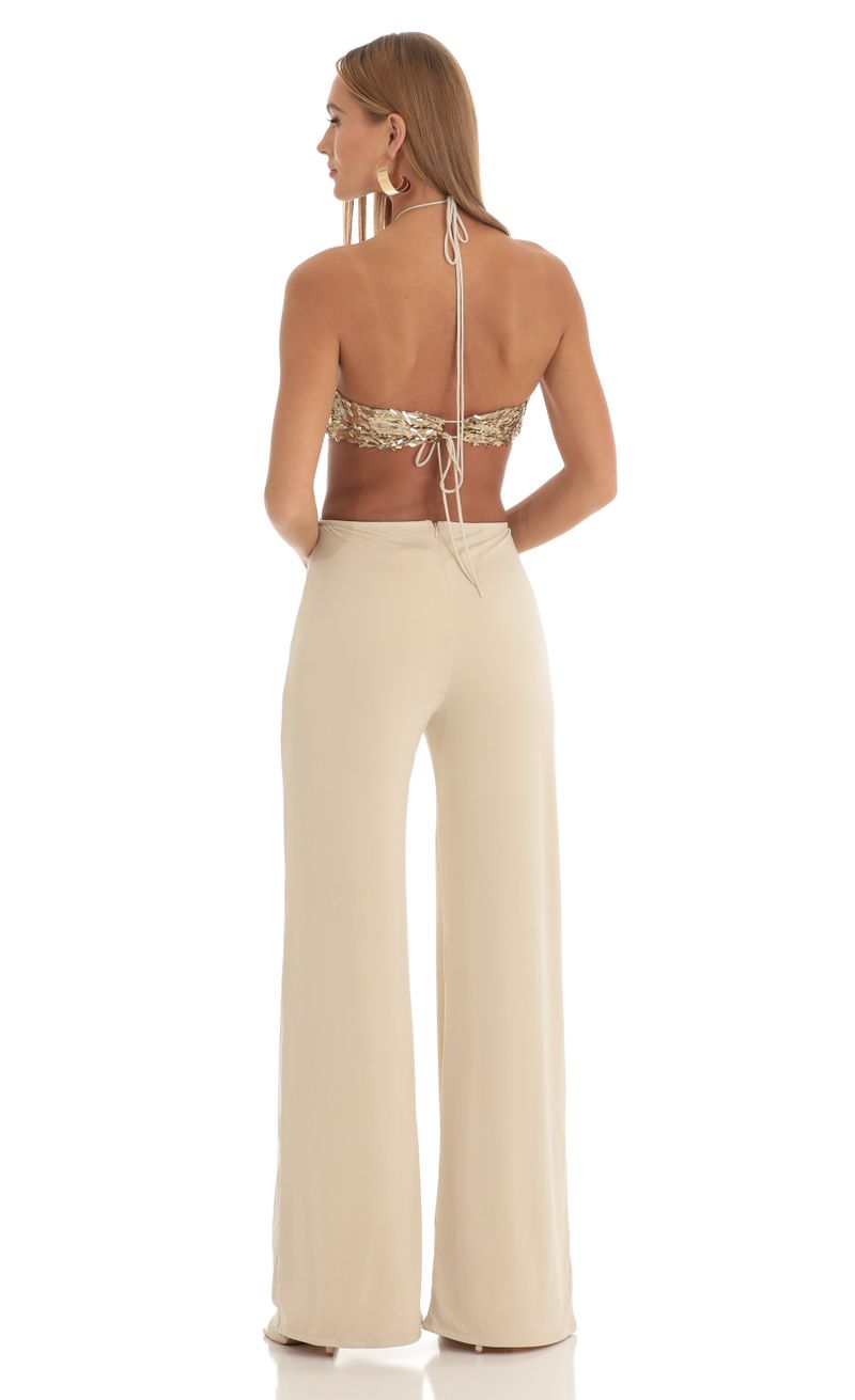 Renae Gold Sequin Halter Jumpsuit in Beige