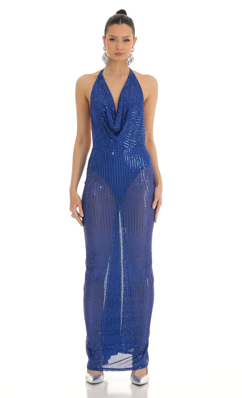 Razz Sequin Halter BodyCon Maxi Dress in Blue