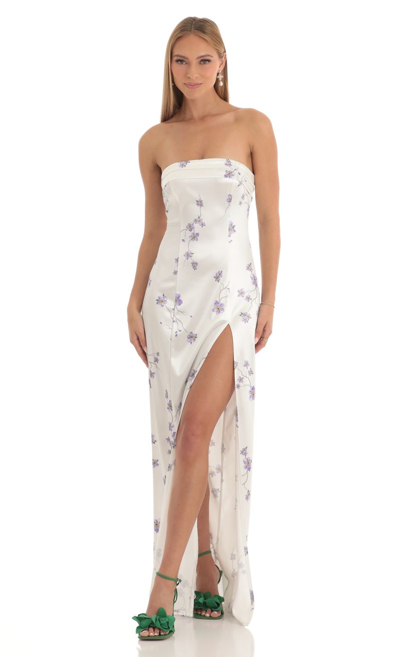 Satin Floral Maxi Dress in White