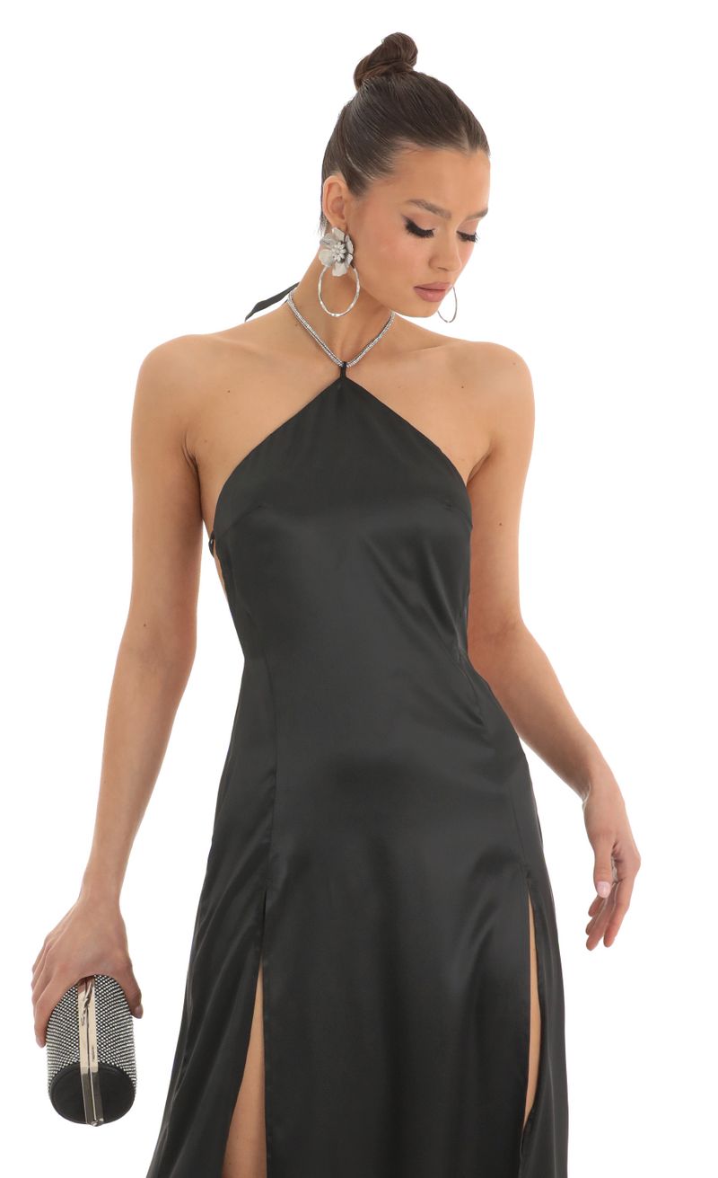 Isa Satin Luxe Rhinestone Strap Maxi Dress in Black