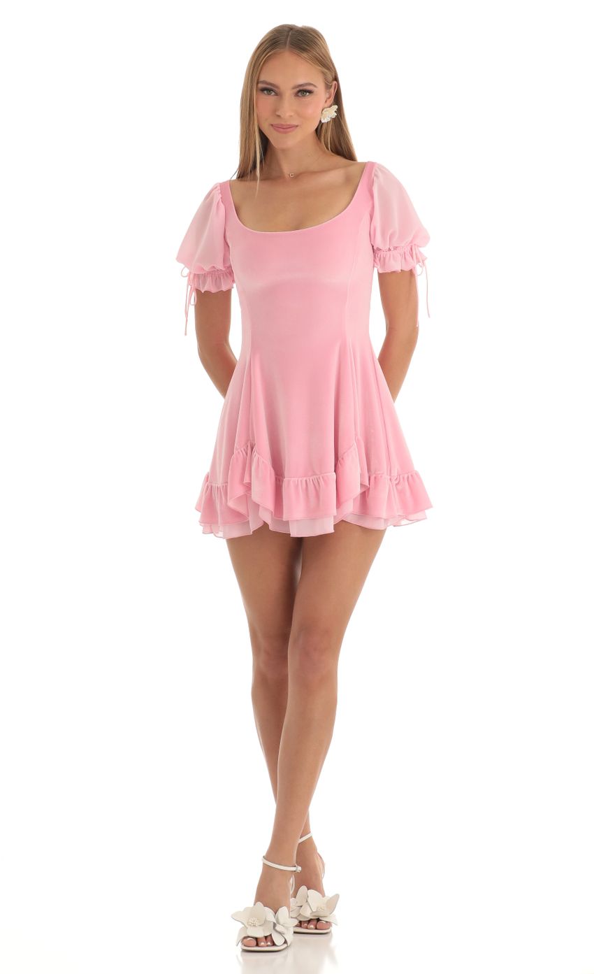 Picture Roux Velvet Short Sleeve Fit and Flare Dress in Pink. Source: https://media-img.lucyinthesky.com/data/Mar23/850xAUTO/091824c7-11be-443d-97d8-4ef445662995.jpg