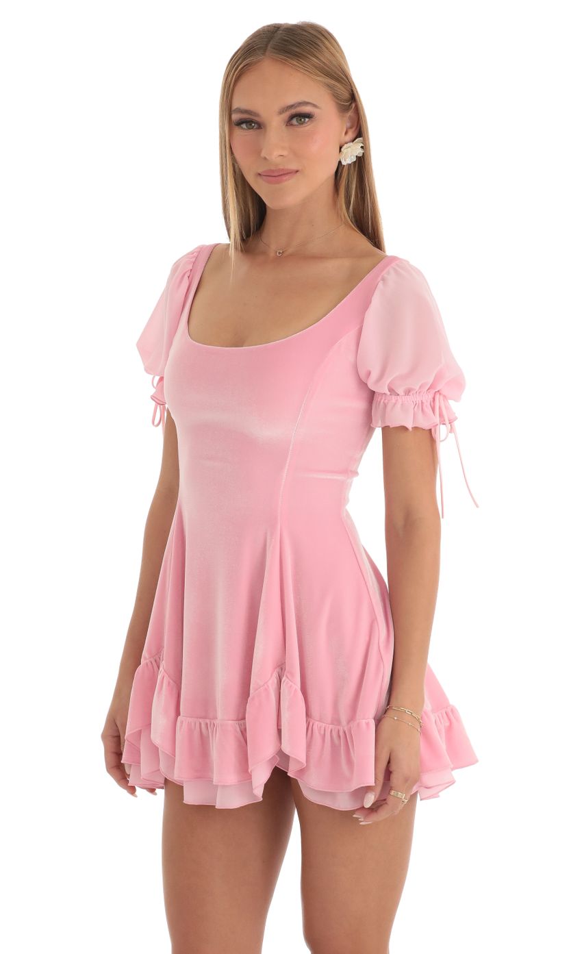 Picture Roux Velvet Short Sleeve Fit and Flare Dress in Pink. Source: https://media-img.lucyinthesky.com/data/Mar23/850xAUTO/0bc4fe7c-c260-401f-a56a-73b146a1735e.jpg