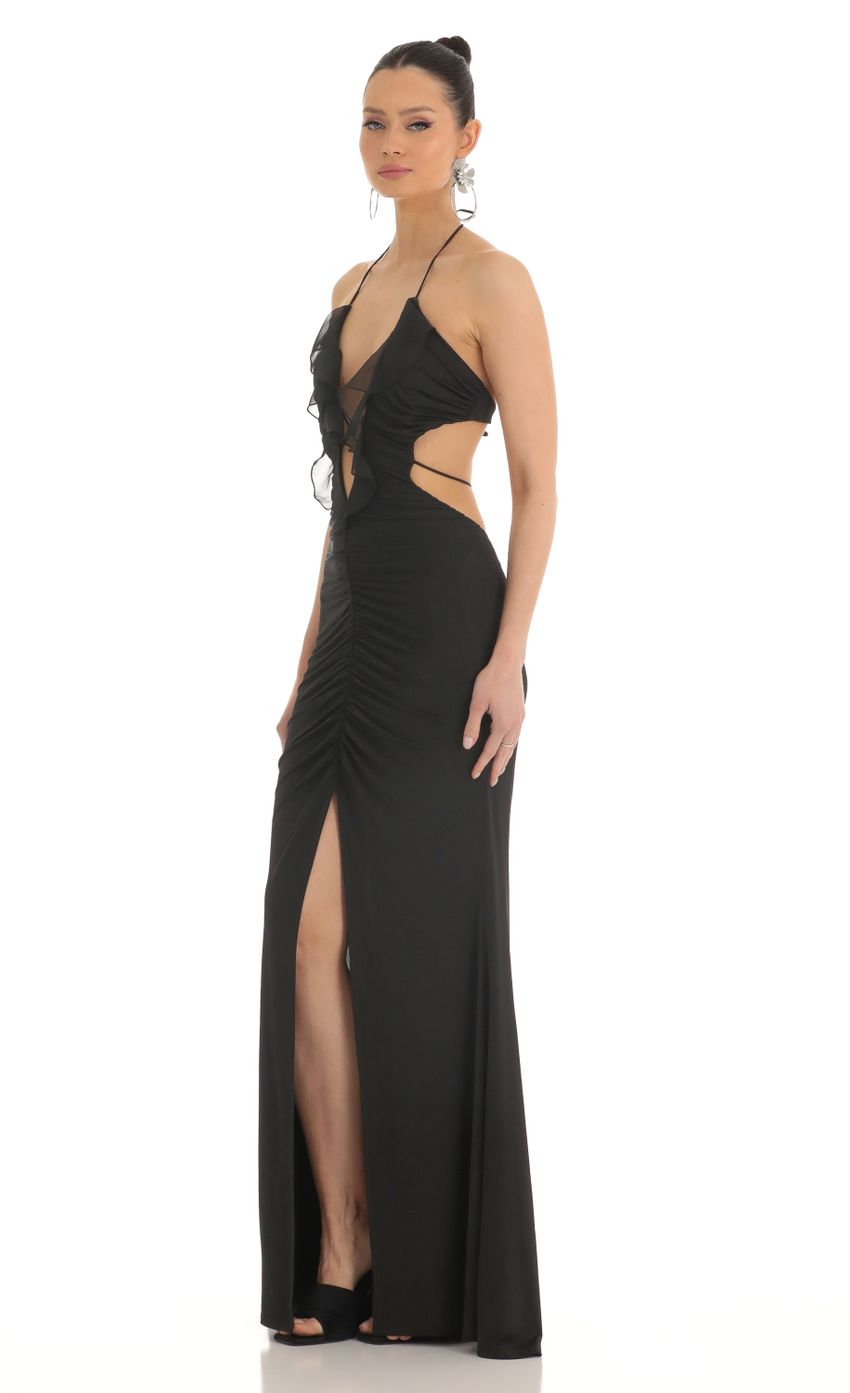 Picture Ruffle Plunge Maxi Dress in Black. Source: https://media-img.lucyinthesky.com/data/Mar23/850xAUTO/16414a87-3e20-47e0-948a-bd309b7cf126.jpg