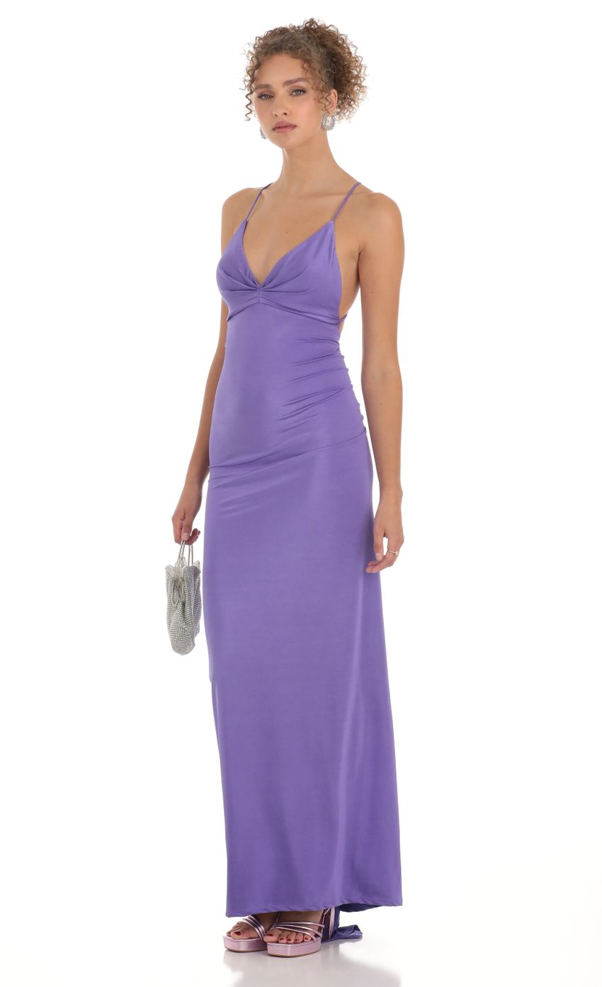 Picture Gathered Cross Back Maxi Dress in Purple. Source: https://media-img.lucyinthesky.com/data/Mar23/850xAUTO/1d8b6b15-6af0-4030-9468-20011c40808a.jpg