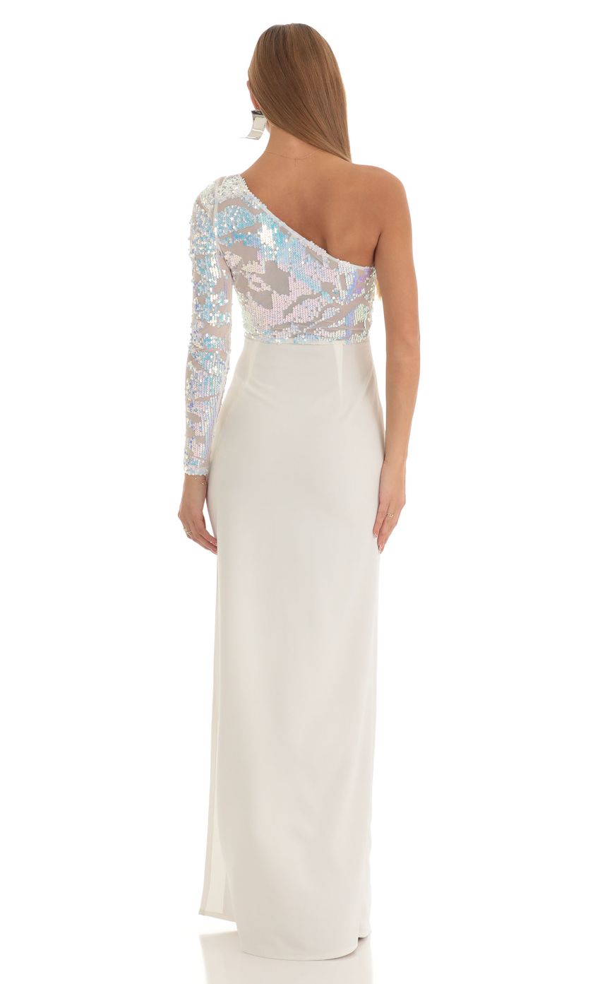 Picture Iridescent Sequin One Shoulder Maxi Dress in White. Source: https://media-img.lucyinthesky.com/data/Mar23/850xAUTO/2ce00af5-99ab-46a0-bfa0-2ae8252d2b7f.jpg