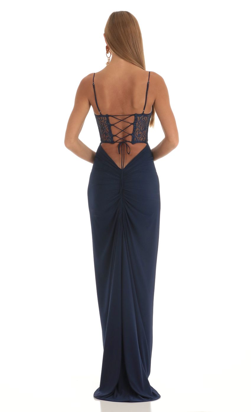 Picture Lace Shimmer Maxi Dress in Navy. Source: https://media-img.lucyinthesky.com/data/Mar23/850xAUTO/3306302d-b75d-4e16-8a5c-bc5955cc8b61.jpg