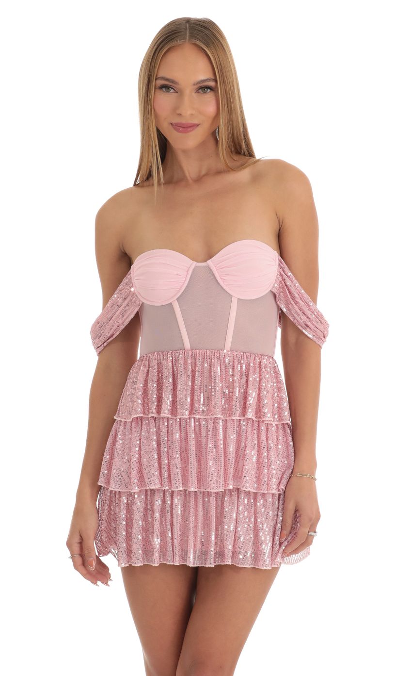 Picture Amarea Sequin Corset Dress in Pink. Source: https://media-img.lucyinthesky.com/data/Mar23/850xAUTO/34603e4b-c785-4b83-9226-ef65d86be326.jpg
