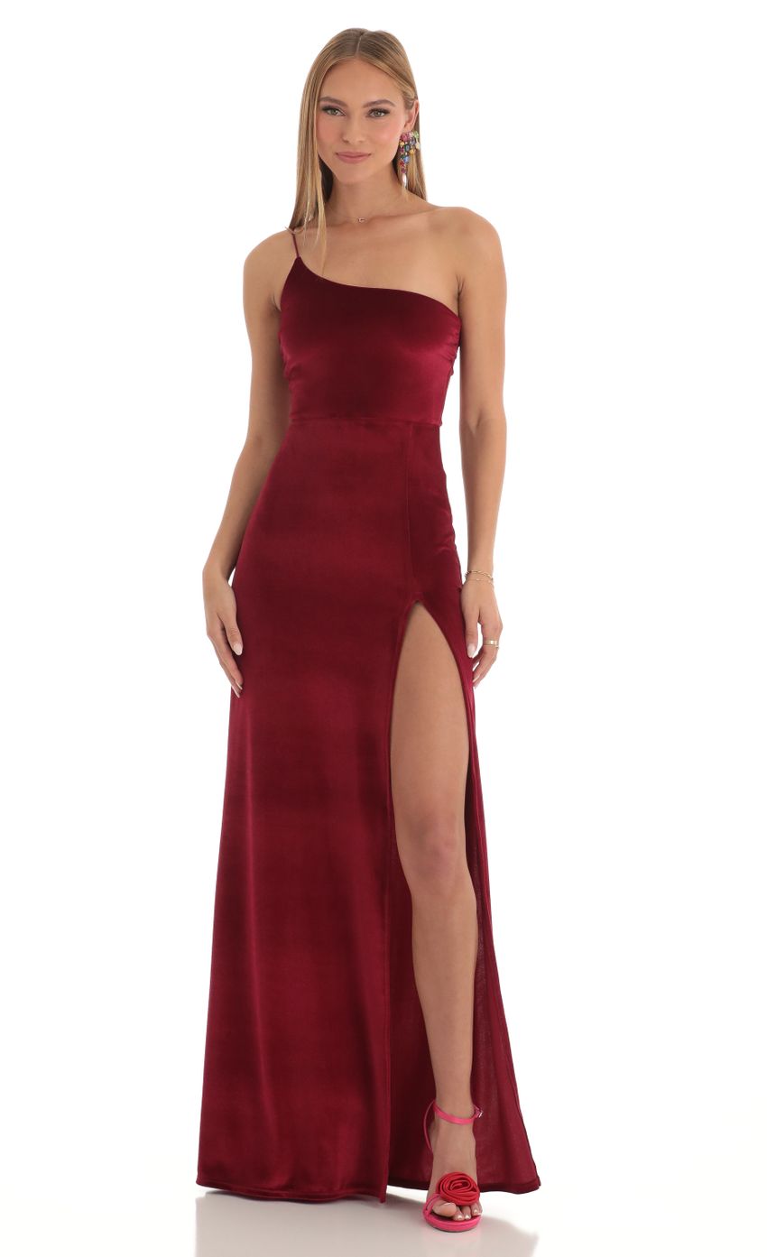 Picture Velvet One Shoulder Maxi Dress in Red. Source: https://media-img.lucyinthesky.com/data/Mar23/850xAUTO/34e9869d-e4a0-4183-9b37-de31a67be44f.jpg