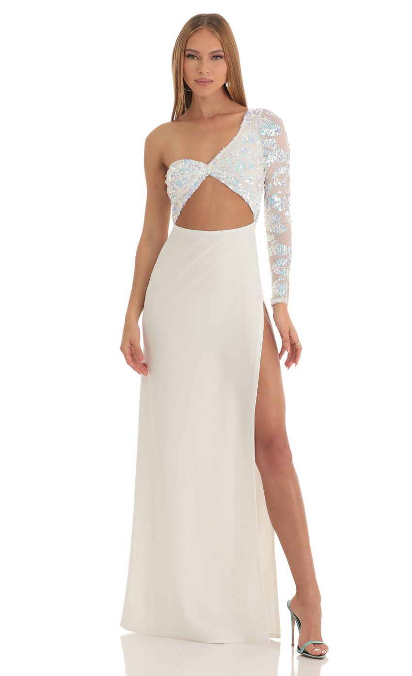 Picture Iridescent Sequin One Shoulder Maxi Dress in White. Source: https://media-img.lucyinthesky.com/data/Mar23/850xAUTO/36848454-e229-4c1d-be44-e8b929f75fc4.jpg
