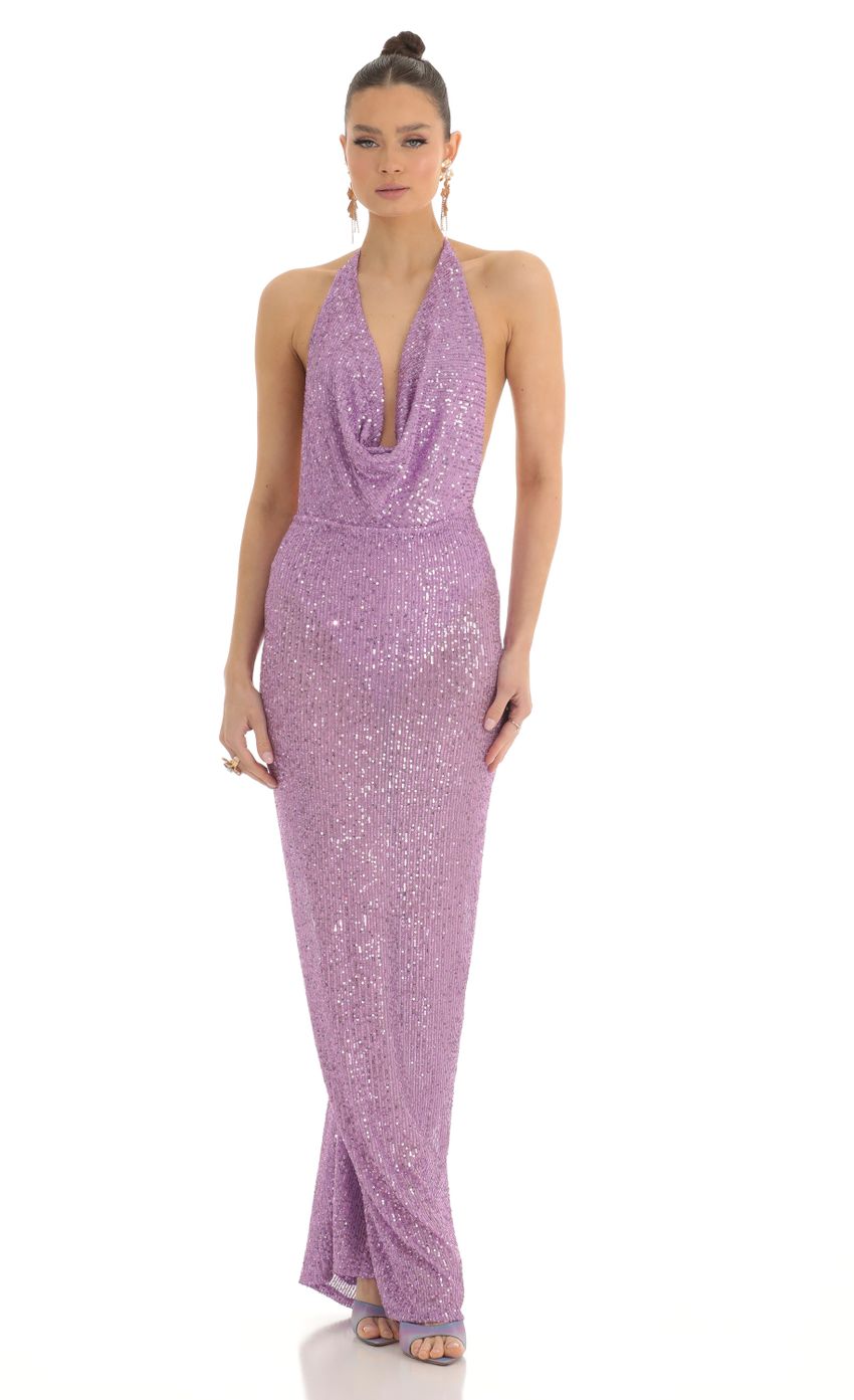 Picture Sequin Halter BodyCon Maxi Dress in Purple. Source: https://media-img.lucyinthesky.com/data/Mar23/850xAUTO/3ec2e63b-269a-4685-86db-1ae25abbde34.jpg