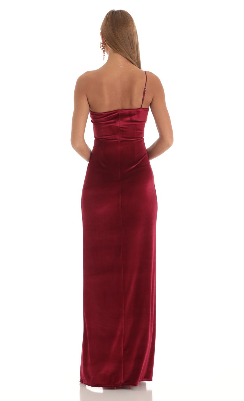 Picture Velvet One Shoulder Maxi Dress in Red. Source: https://media-img.lucyinthesky.com/data/Mar23/850xAUTO/42967d61-0bb5-4800-b296-002b391901d7.jpg