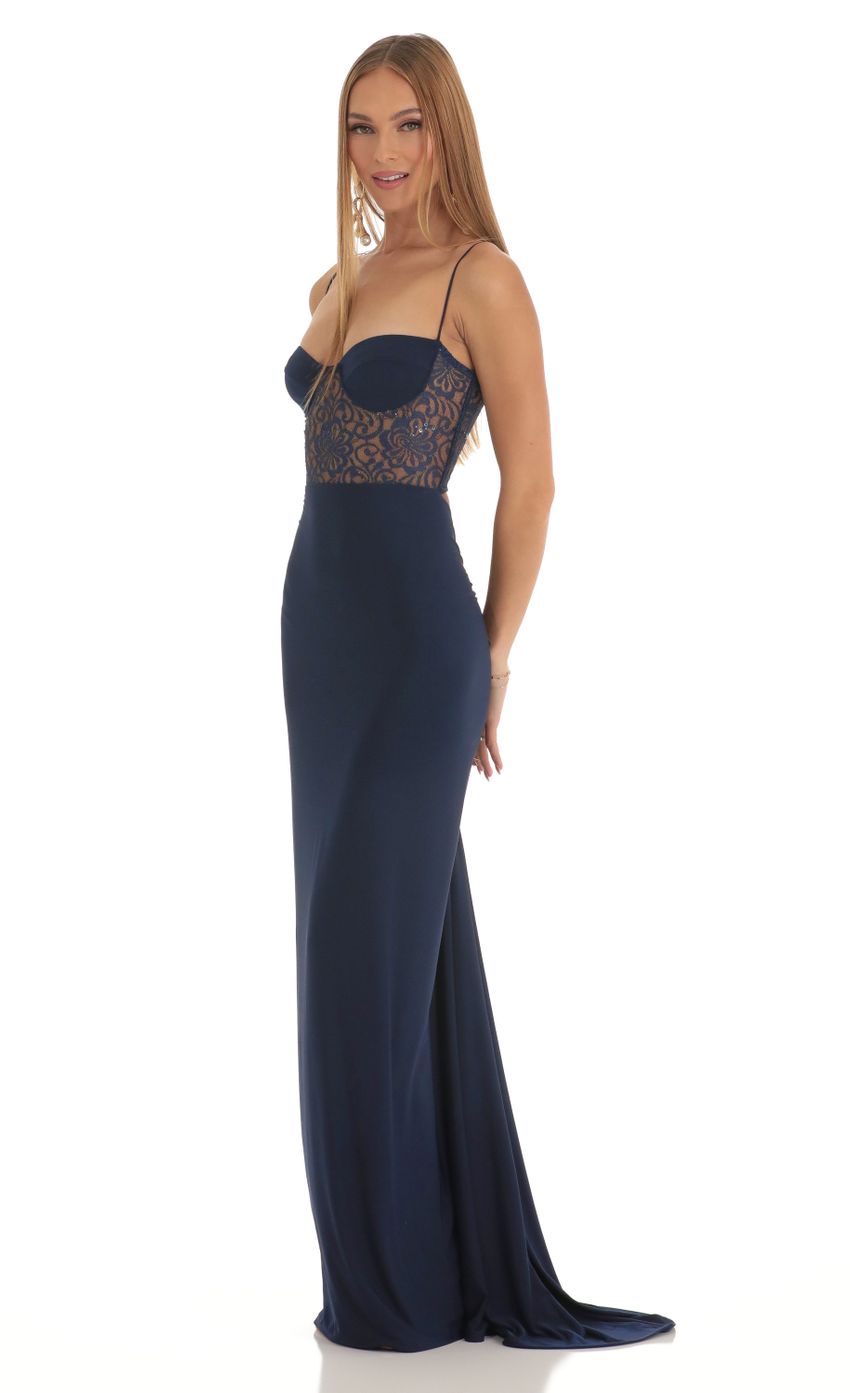 Picture Lace Shimmer Maxi Dress in Navy. Source: https://media-img.lucyinthesky.com/data/Mar23/850xAUTO/453eef91-8bab-4184-8551-2d824bac8eb1.jpg