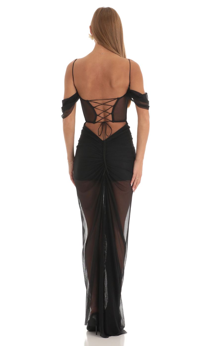 Picture Mesh Corset Maxi Dress in Black. Source: https://media-img.lucyinthesky.com/data/Mar23/850xAUTO/45c8645c-64cb-4ee1-8954-eb56e862a129.jpg