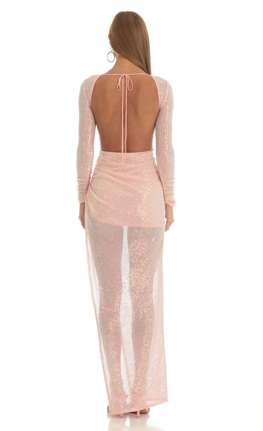 Picture Sequin Open Back Maxi Dress in Pink. Source: https://media-img.lucyinthesky.com/data/Mar23/850xAUTO/5e68c991-e42f-40d4-a7ef-5ded1129388f.jpg