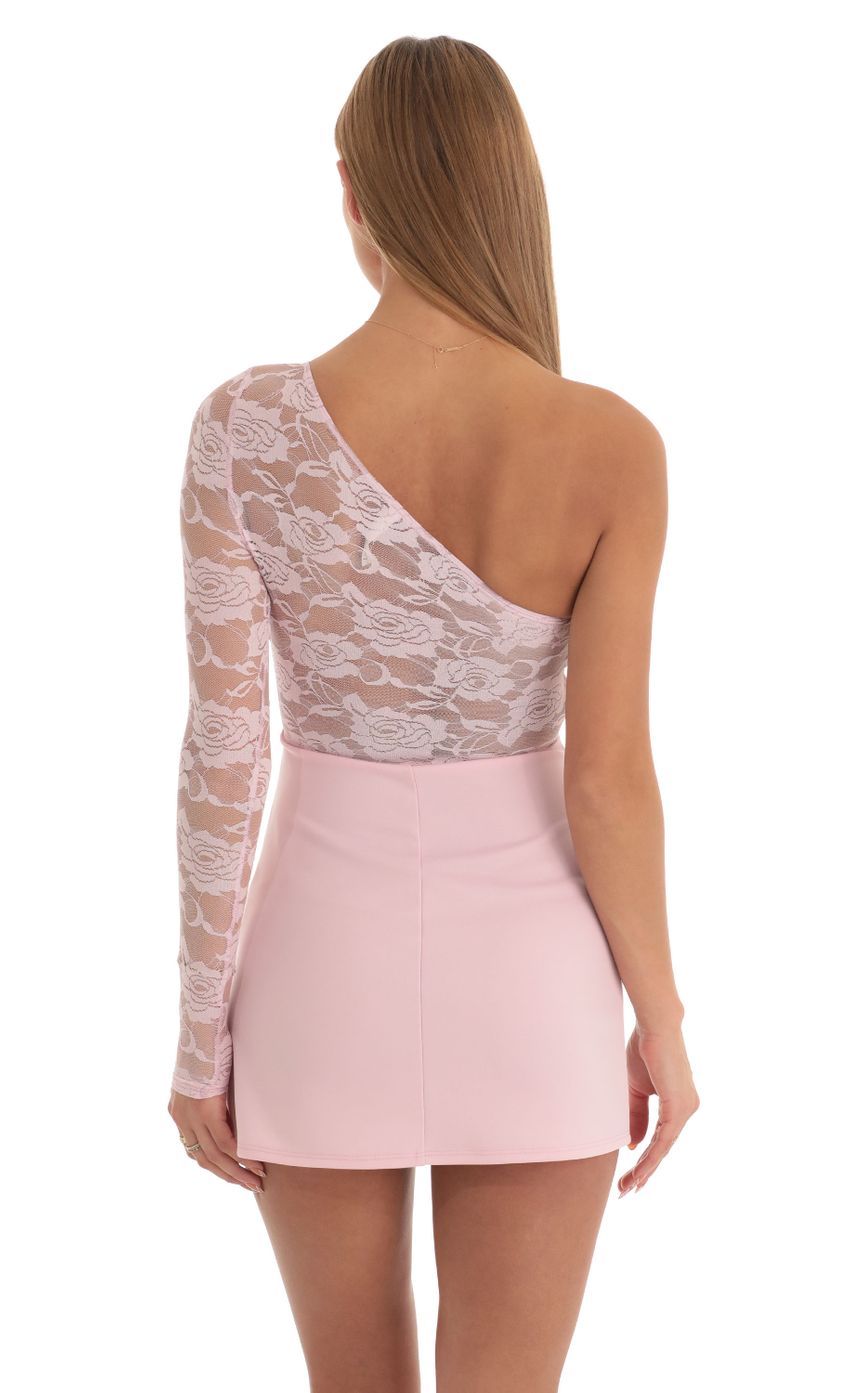 Picture Lace One Shoulder Dress in Pink. Source: https://media-img.lucyinthesky.com/data/Mar23/850xAUTO/5ec60551-a9ae-47ab-b243-4b496b8738e4.jpg