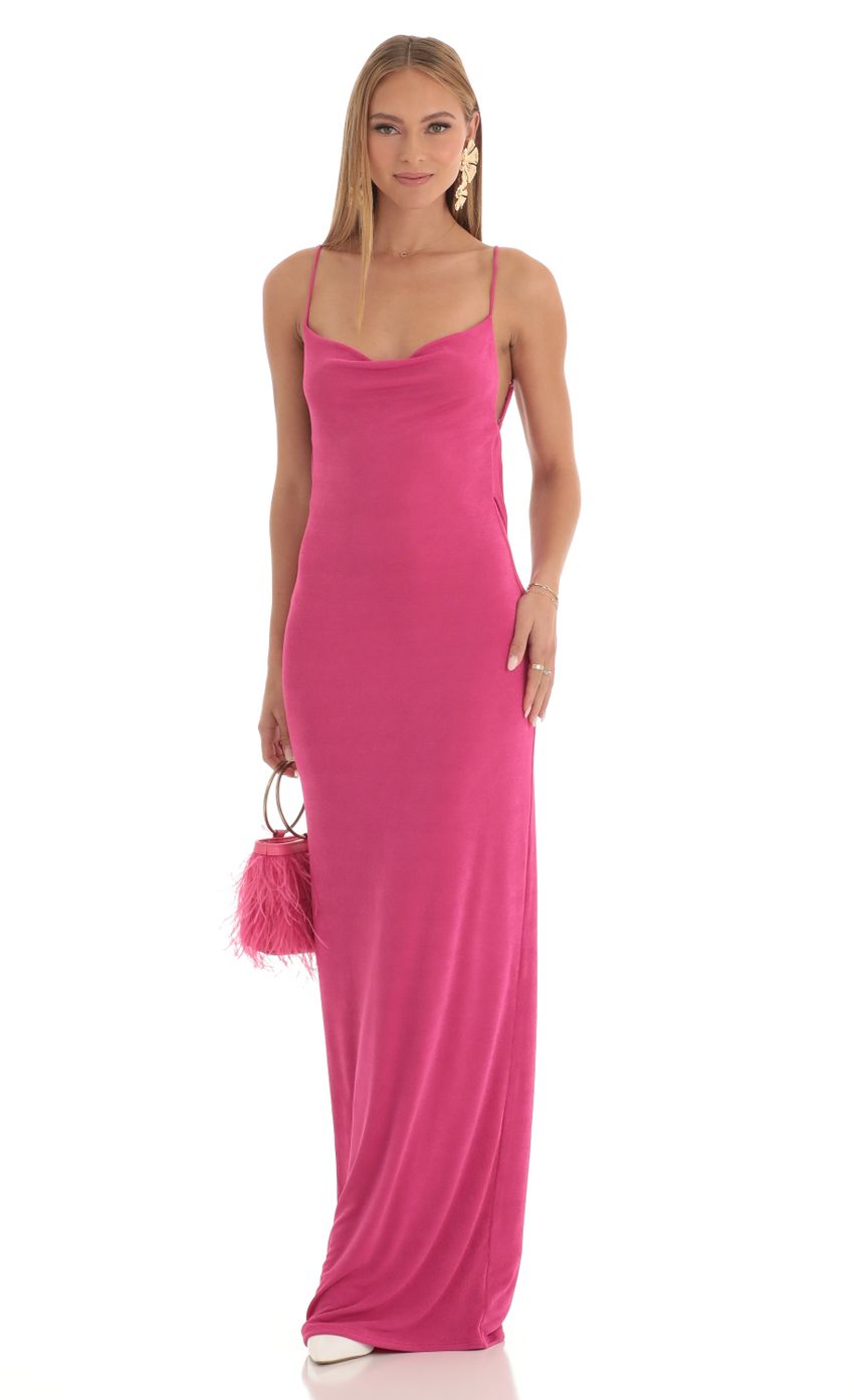 Picture Draped Back Maxi Dress in Pink. Source: https://media-img.lucyinthesky.com/data/Mar23/850xAUTO/7558b850-50ac-4589-ab77-8e60f51362e9.jpg
