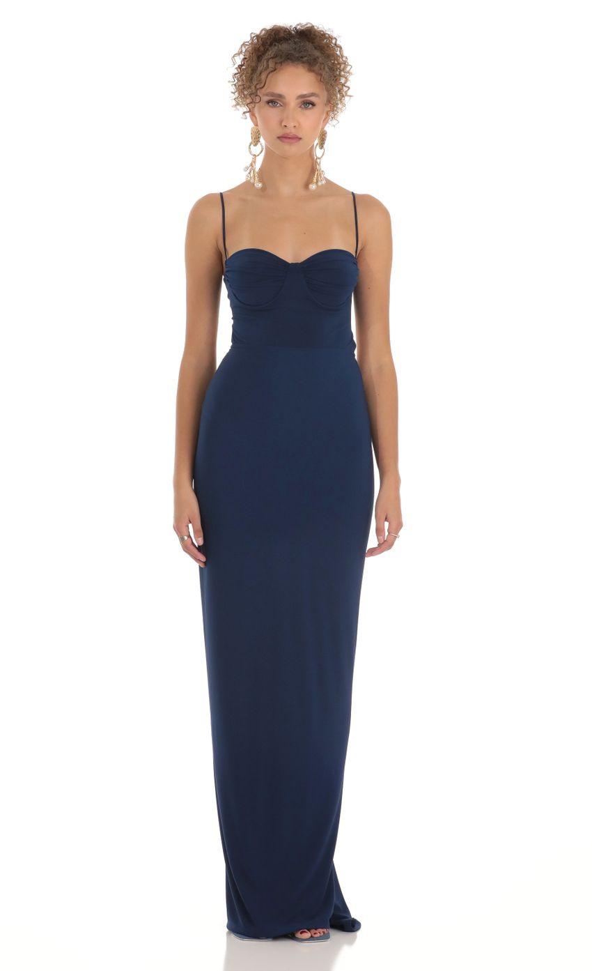 Picture Ruched Maxi Dress in Navy. Source: https://media-img.lucyinthesky.com/data/Mar23/850xAUTO/7797df67-4d40-4d53-8af7-7099cdb00b92.jpg