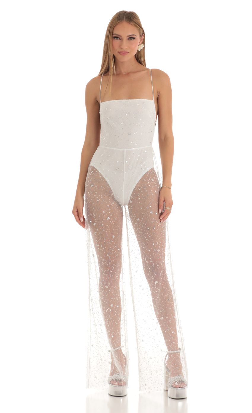 Picture Ceres Sequin Wide Leg Jumpsuit in White. Source: https://media-img.lucyinthesky.com/data/Mar23/850xAUTO/7acdb45c-19e6-4bd9-bc94-24a2129ddccc.jpg