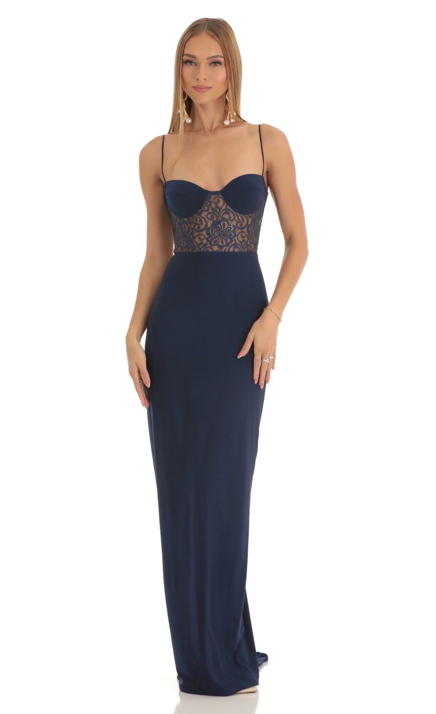 Picture Lace Shimmer Maxi Dress in Navy. Source: https://media-img.lucyinthesky.com/data/Mar23/850xAUTO/90b09e60-fdb6-4c3f-b787-76df3c2a294e.jpg