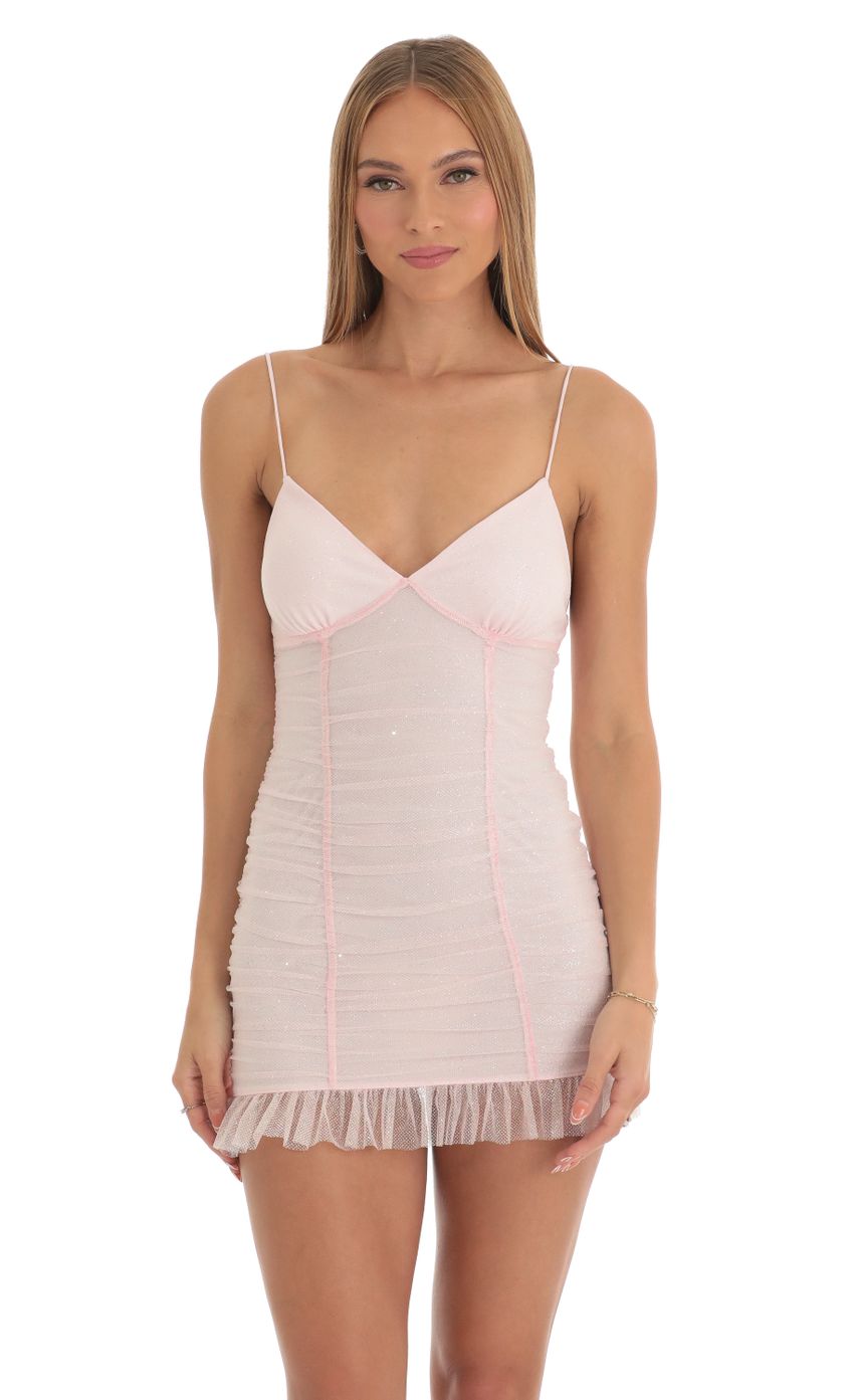 Picture Tulle Glitter Ruched Bodycon Dress in Pink. Source: https://media-img.lucyinthesky.com/data/Mar23/850xAUTO/95d17dbb-2d9b-4a8f-8811-2a9ad9086f3f.jpg