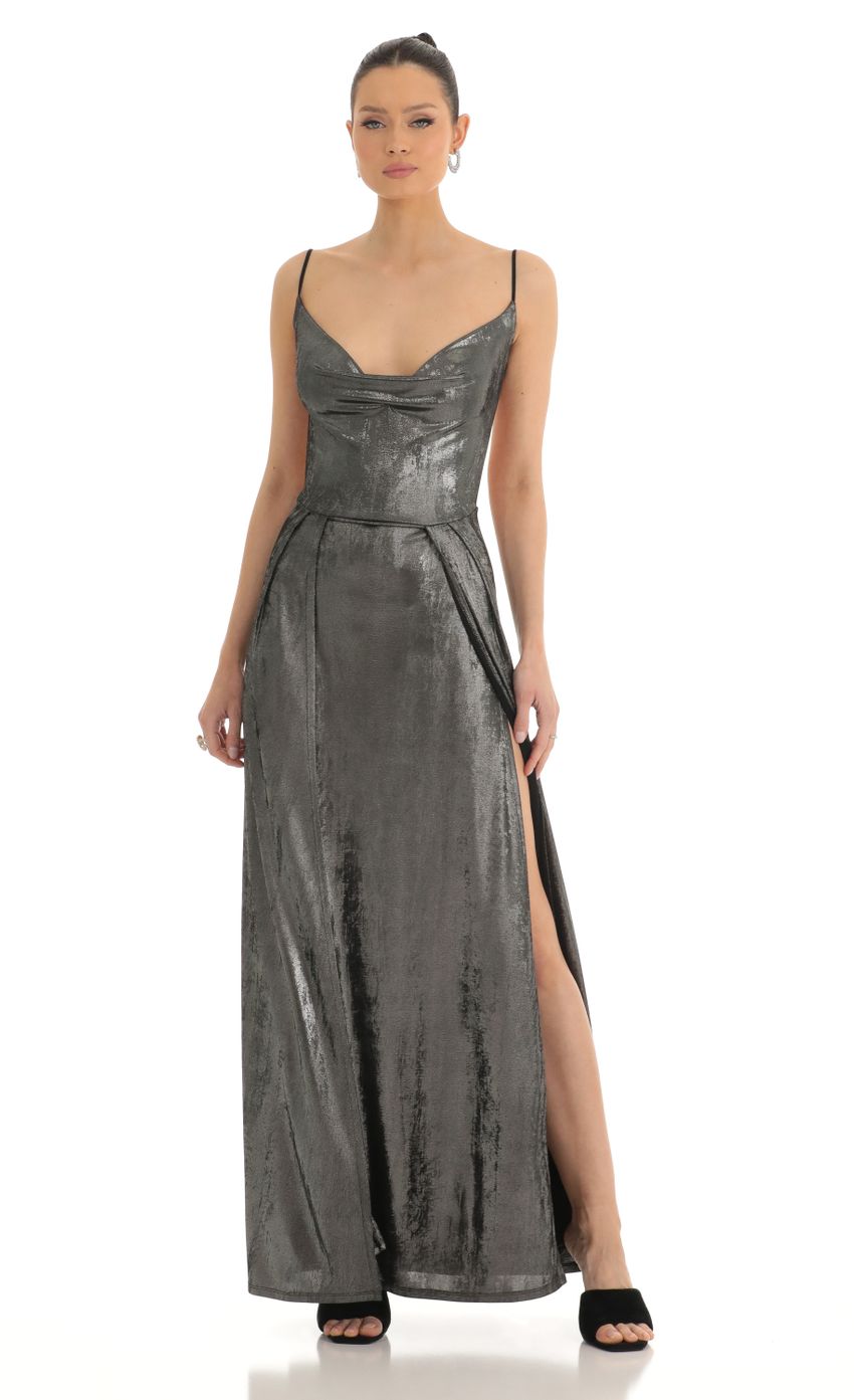 Picture Dion Metallic Maxi Dress in Silver. Source: https://media-img.lucyinthesky.com/data/Mar23/850xAUTO/9a7dd712-7fff-49e0-b27b-76f2e6eb8b8b.jpg
