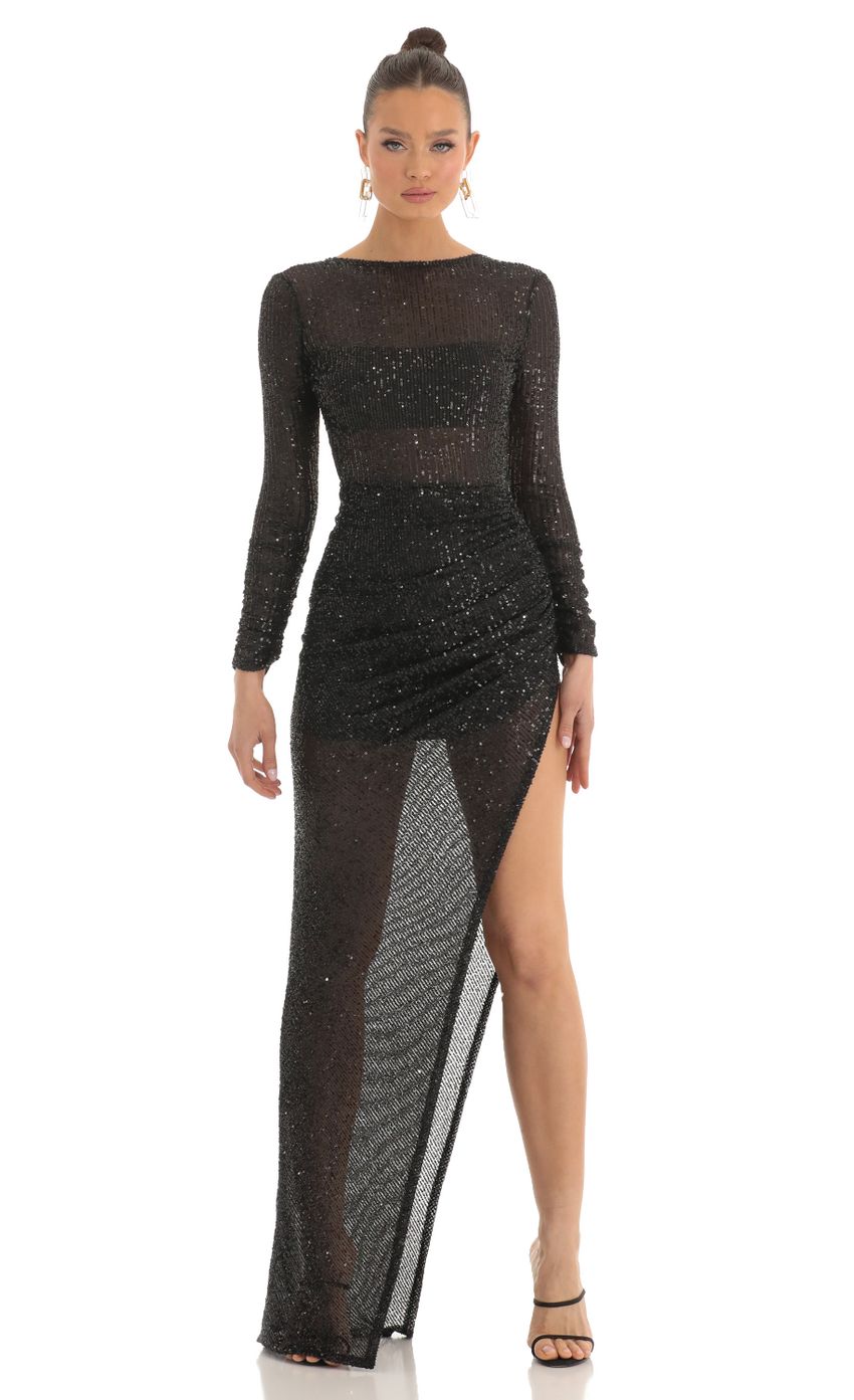 Picture Sequin Open Back Maxi Dress in Black. Source: https://media-img.lucyinthesky.com/data/Mar23/850xAUTO/9beb5c8c-306a-4398-8d3f-bf6358d8040b.jpg