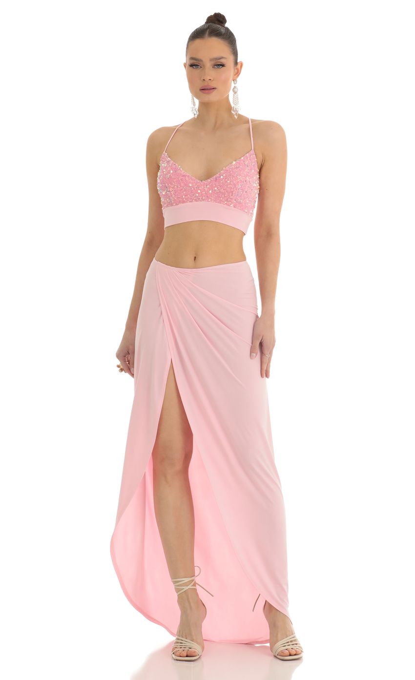 Picture Sicily Sequin Two Piece Maxi Set in Pink. Source: https://media-img.lucyinthesky.com/data/Mar23/850xAUTO/aad6af88-60ea-40f1-b10d-0772280c92ac.jpg