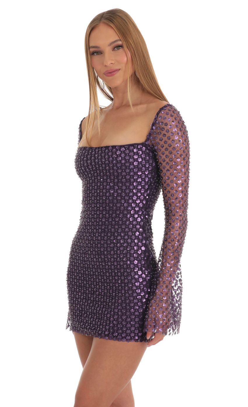 Picture Sequin Bell Sleeve Dress in Purple. Source: https://media-img.lucyinthesky.com/data/Mar23/850xAUTO/b6095b68-7af4-4b19-8b71-5ff4f365f4a1.jpg