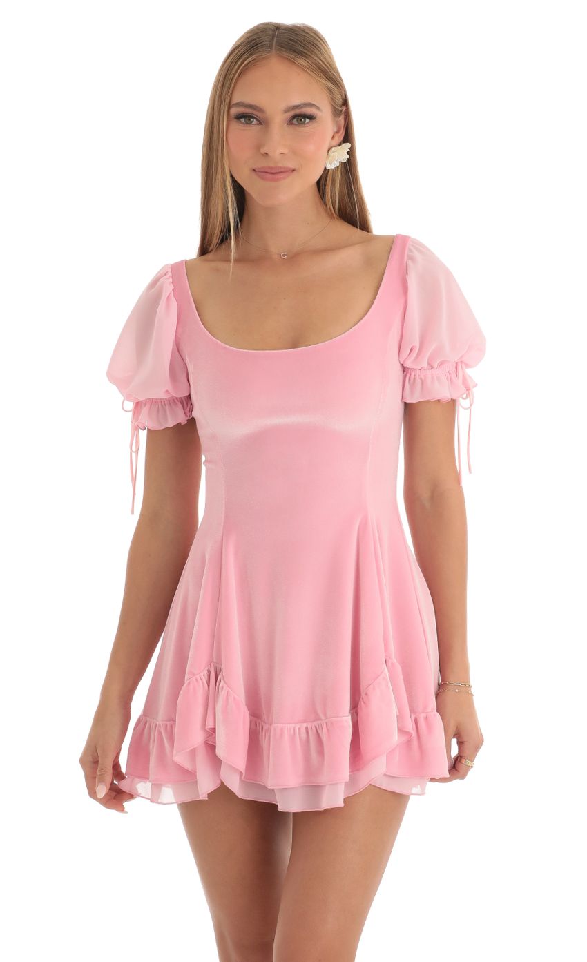 Picture Roux Velvet Short Sleeve Fit and Flare Dress in Pink. Source: https://media-img.lucyinthesky.com/data/Mar23/850xAUTO/dc504020-7eae-4994-b342-0db96c40c53c.jpg