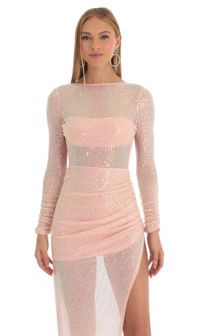 Picture Sequin Open Back Maxi Dress in Pink. Source: https://media-img.lucyinthesky.com/data/Mar23/850xAUTO/e0c11fda-fc6d-47b6-bec1-2c7620a2bb25.jpg