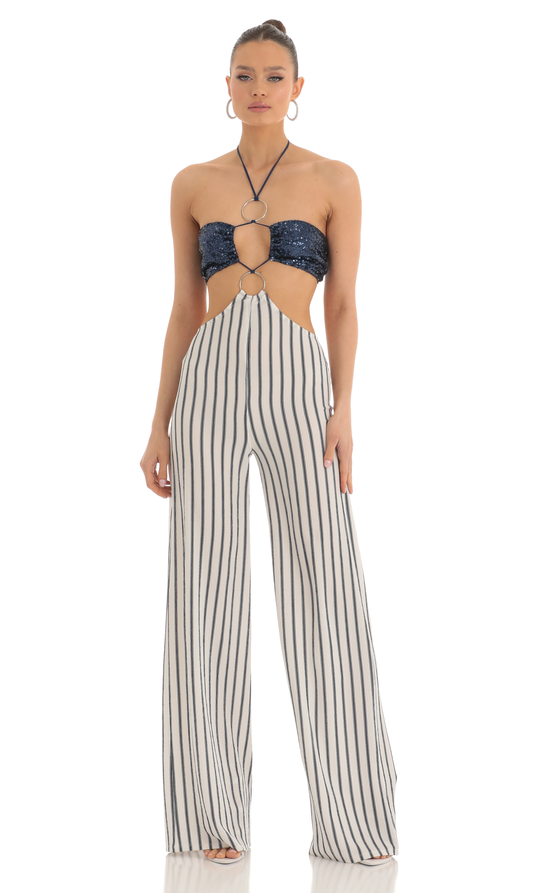Sequin Halter Striped Jumpsuit in White and Navy