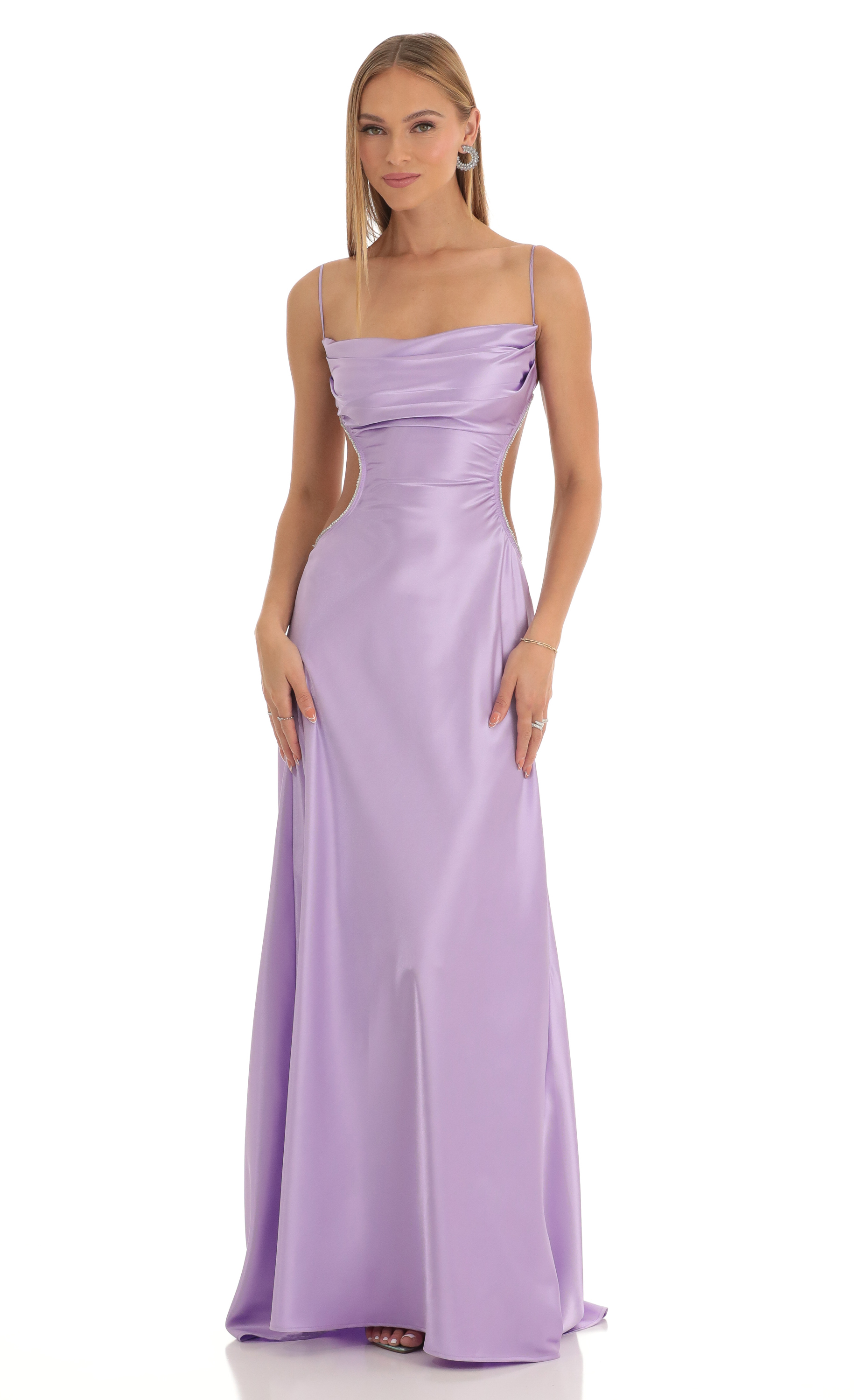 Satin Rhinestone Maxi Dress in Purple