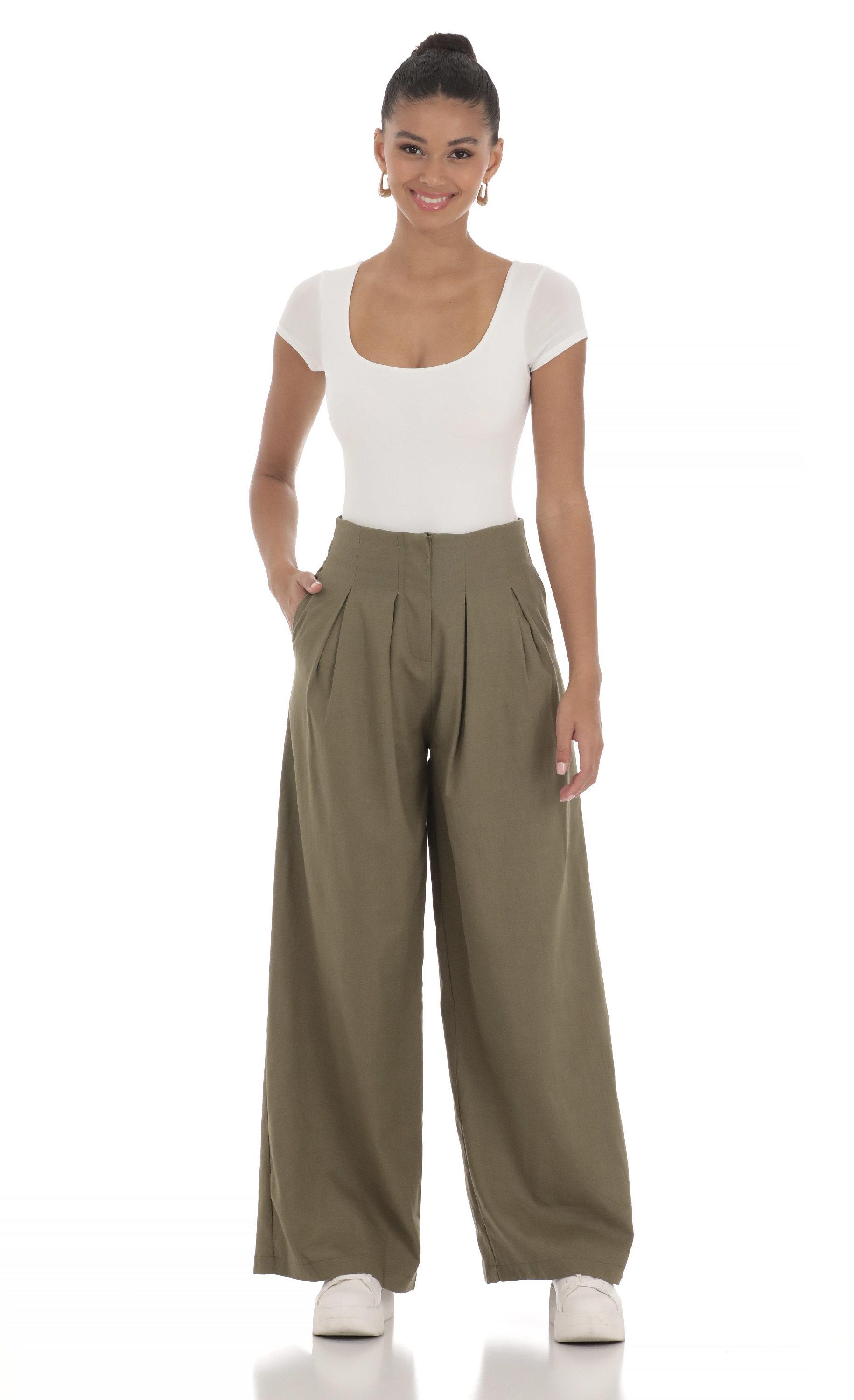 Linen Pleated Pants in Olive